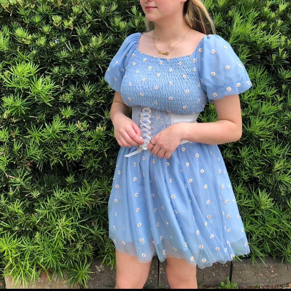 Blue dress with embroidered flowers